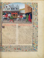 Ms Fr 6465 fol.442 Ankunft von Kaiser Karl IV. (1316-78) in der Basilika von Saint-Denis, aus den Grandes Chroniques de France, ca. 1460